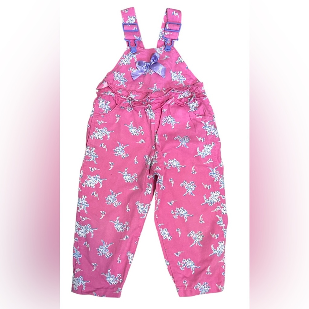 VINTAGE Happy Kids Overalls Girls 4T Pink Floral  Ruffle Romper Purple Bow